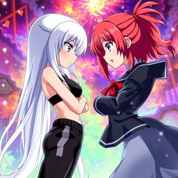 An intense scene depicting two girls in an anime magical battle