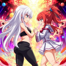 An intense scene depicting two girls in an anime magical battle