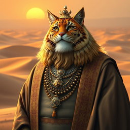 A tabaxi man with a round, fat body and a well-groomed beard, exhibiting luxurious tabby fur with shimmering golden tones