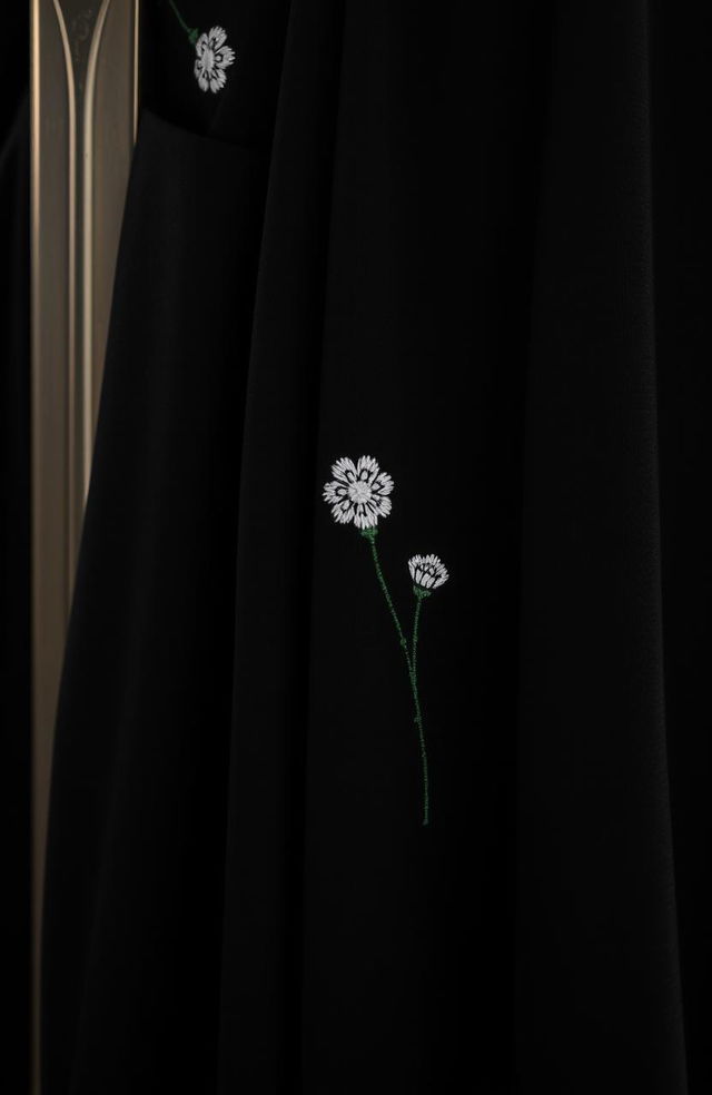 A close-up view of a small section of a black cloak, featuring two or three visible folds draping elegantly