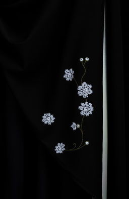 A close-up view of a small section of a black cloak, featuring two or three visible folds draping elegantly