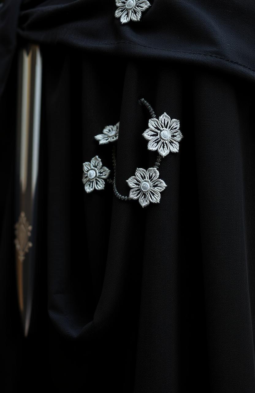 A close-up view of a small section of a black cloak, featuring two or three visible folds draping elegantly