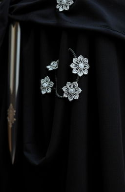 A close-up view of a small section of a black cloak, featuring two or three visible folds draping elegantly