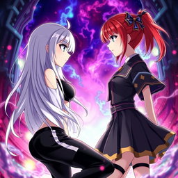 An intense scene depicting two girls in an anime style inspired by 'Jujutsu Kaisen'