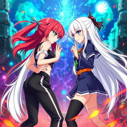 An intense scene depicting two girls in an anime style inspired by 'Jujutsu Kaisen'