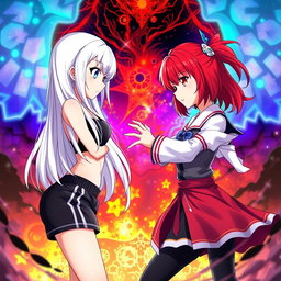 An intense scene depicting two girls in an anime style inspired by 'Jujutsu Kaisen'