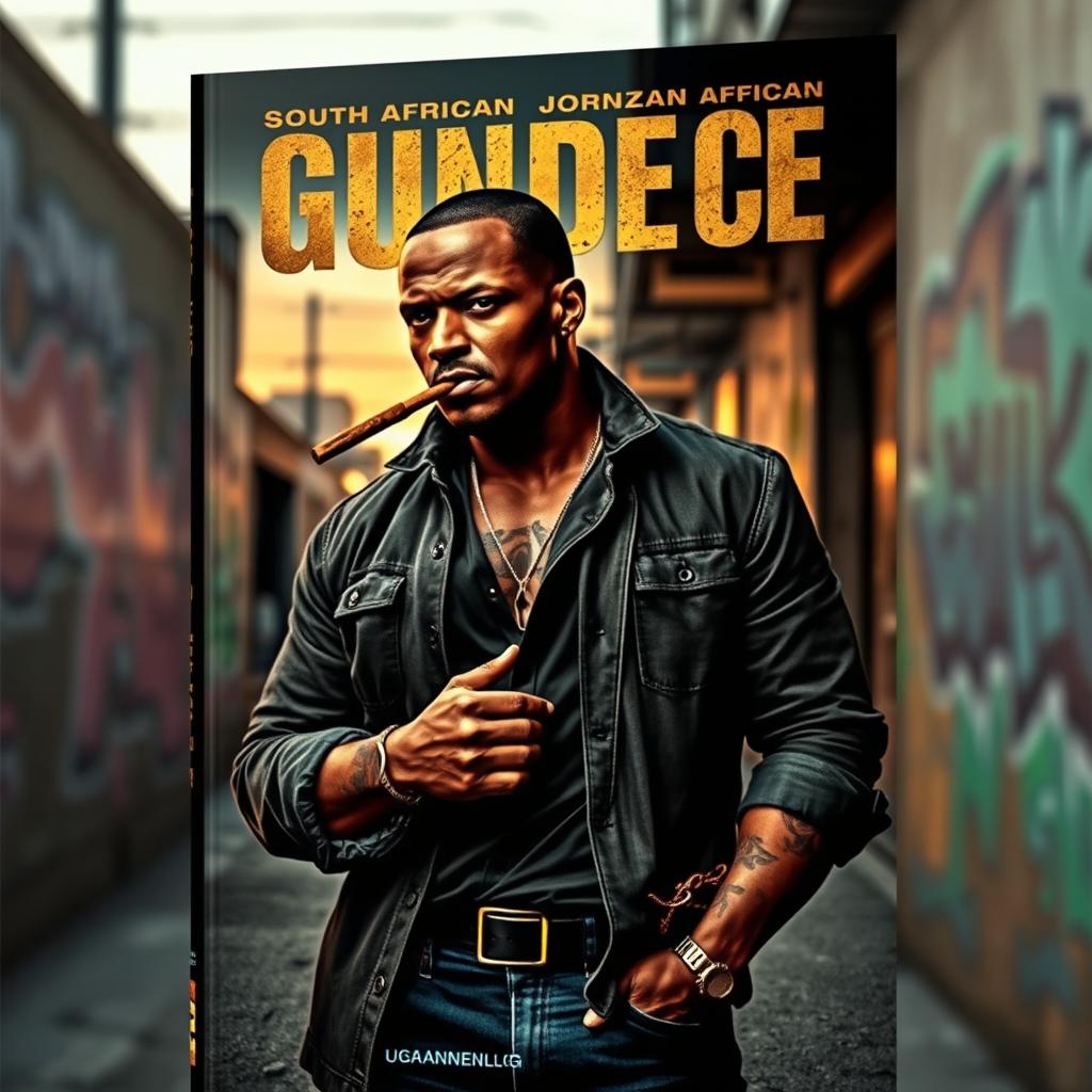 A striking book cover design featuring a South African gangster, dressed in a stylish but rugged outfit, exuding confidence and a sense of authority