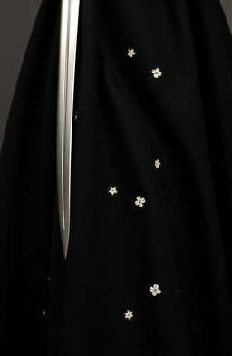 A close-up view of a small section of a black cloak, showcasing two or three gentle folds