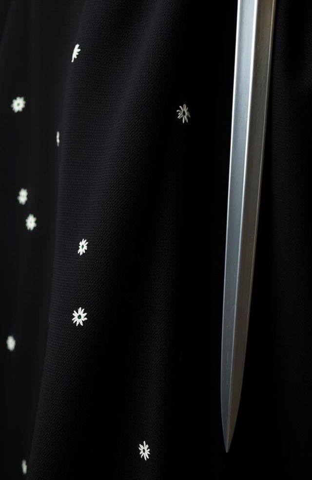 A close-up view of a small section of a black cloak, showcasing two or three gentle folds