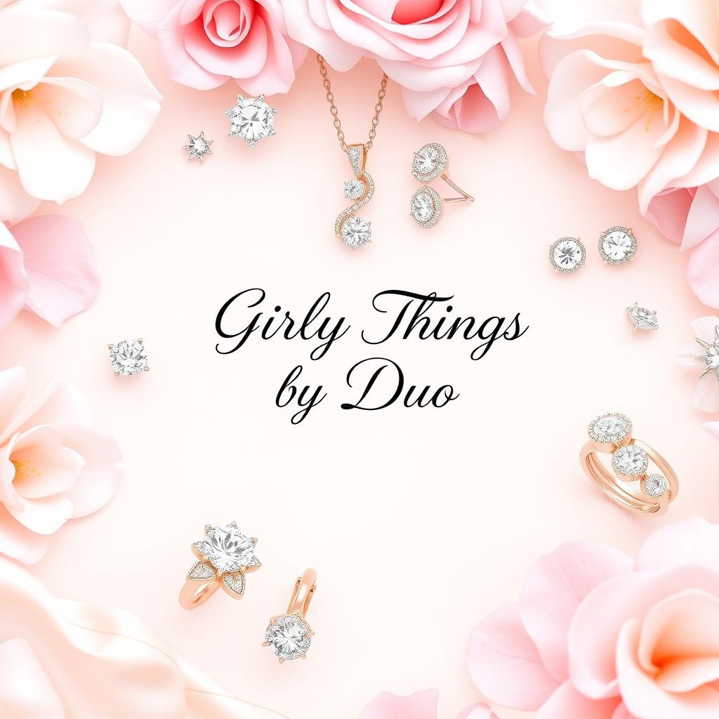 Create a luxurious and elegant Facebook cover image for a jewelry brand called 'Girly Things by Duo'✨