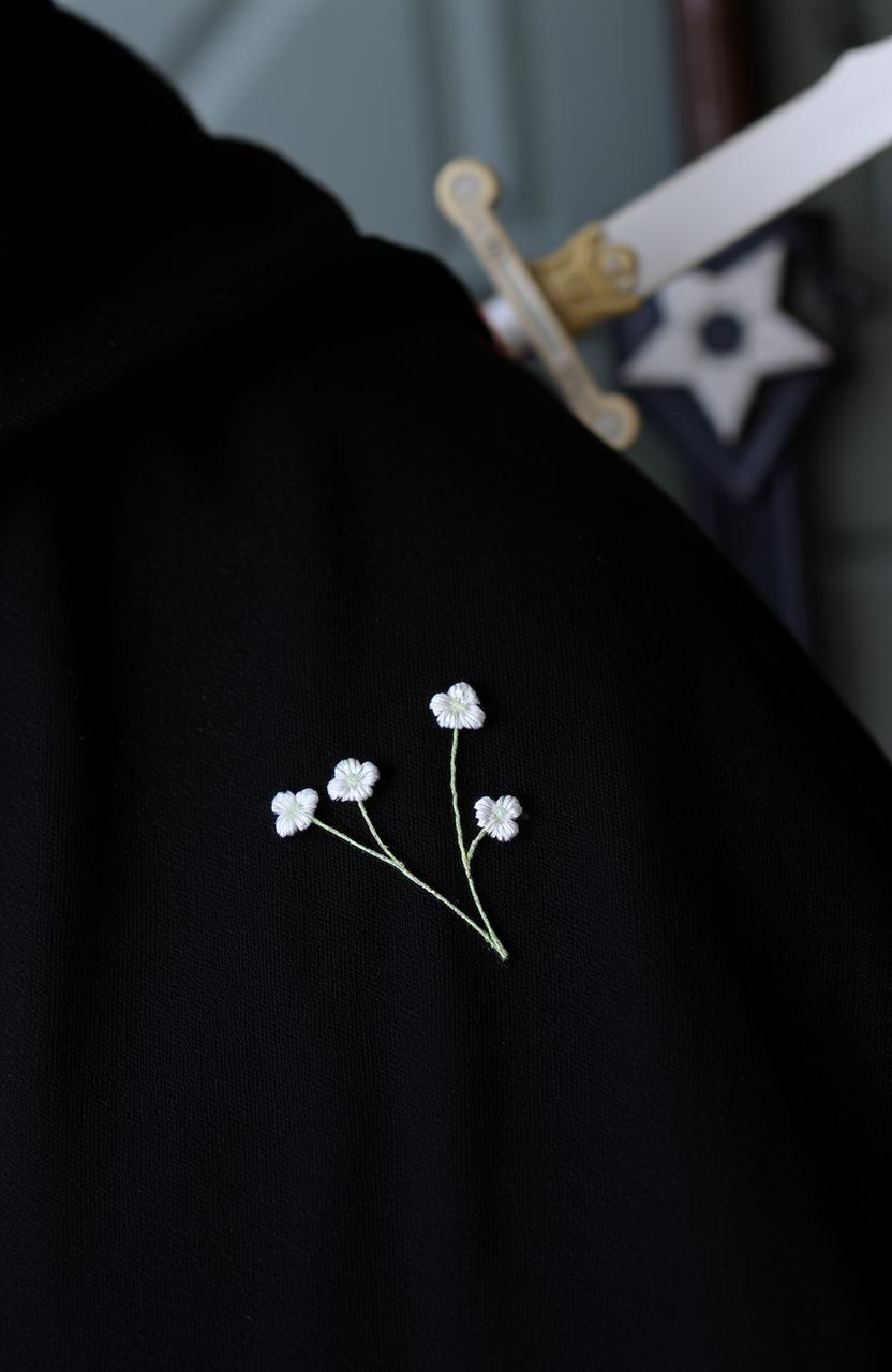A close-up view of a small section of a black cloak, showcasing two or three rough folds