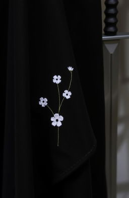 A close-up view of a small section of a black cloak, showcasing two or three rough folds