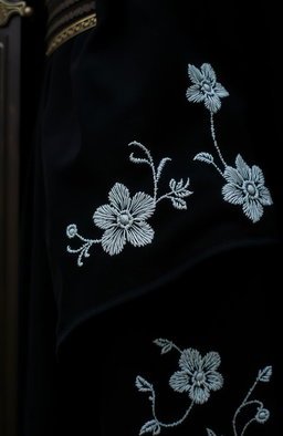 A close-up view of the folds of a small section of a black cloak, showcasing the intricate white flower embroidery that is done in a rough, artistic style