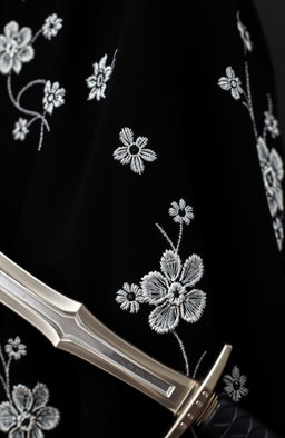 A close-up view of the folds of a small section of a black cloak, showcasing the intricate white flower embroidery that is done in a rough, artistic style