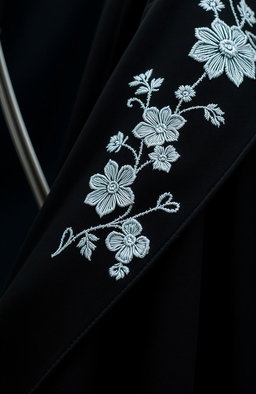A close-up view of the folds of a small section of a black cloak, showcasing the intricate white flower embroidery that is done in a rough, artistic style