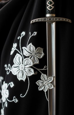 A close-up view of the folds of a small section of a black cloak, showcasing the intricate white flower embroidery that is done in a rough, artistic style