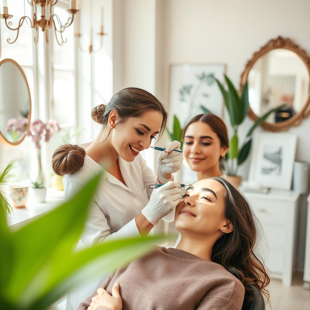 A beautifully crafted scene depicting a professional eyebrow micropigmentation artist at work, showcasing a serene beauty studio filled with natural light