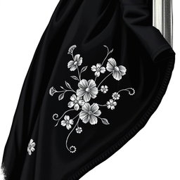 A close-up view of the folds of a small section of a black cloak, showcasing the intricate white flower embroidery that is done in a rough, artistic style