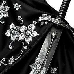 A close-up view of the folds of a small section of a black cloak, showcasing the intricate white flower embroidery that is done in a rough, artistic style