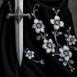 A close-up view of the folds of a small section of a black cloak, showcasing the intricate white flower embroidery that is done in a rough, artistic style