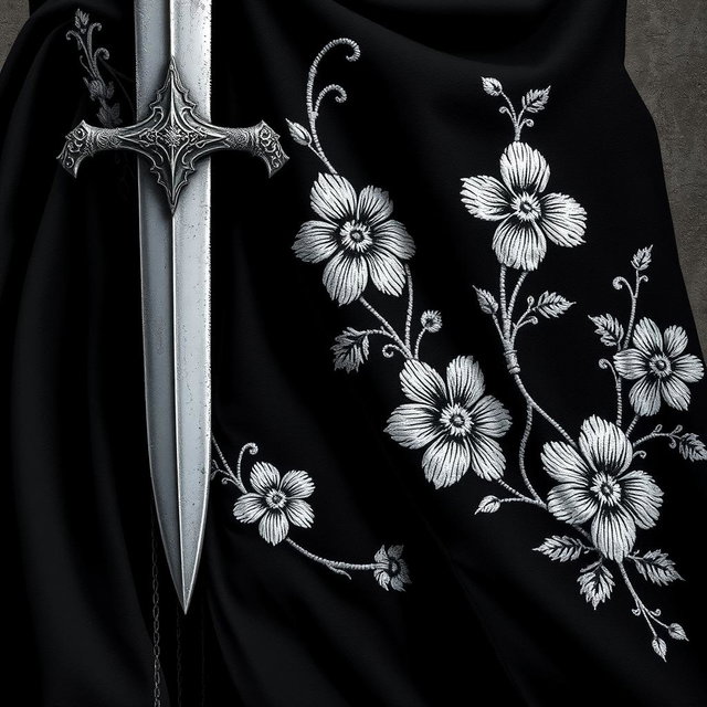 A close-up view of the folds of a small section of a black cloak, showcasing the intricate white flower embroidery that is done in a rough, artistic style