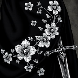 A close-up view of the folds of a small section of a black cloak, showcasing the intricate white flower embroidery that is done in a rough, artistic style