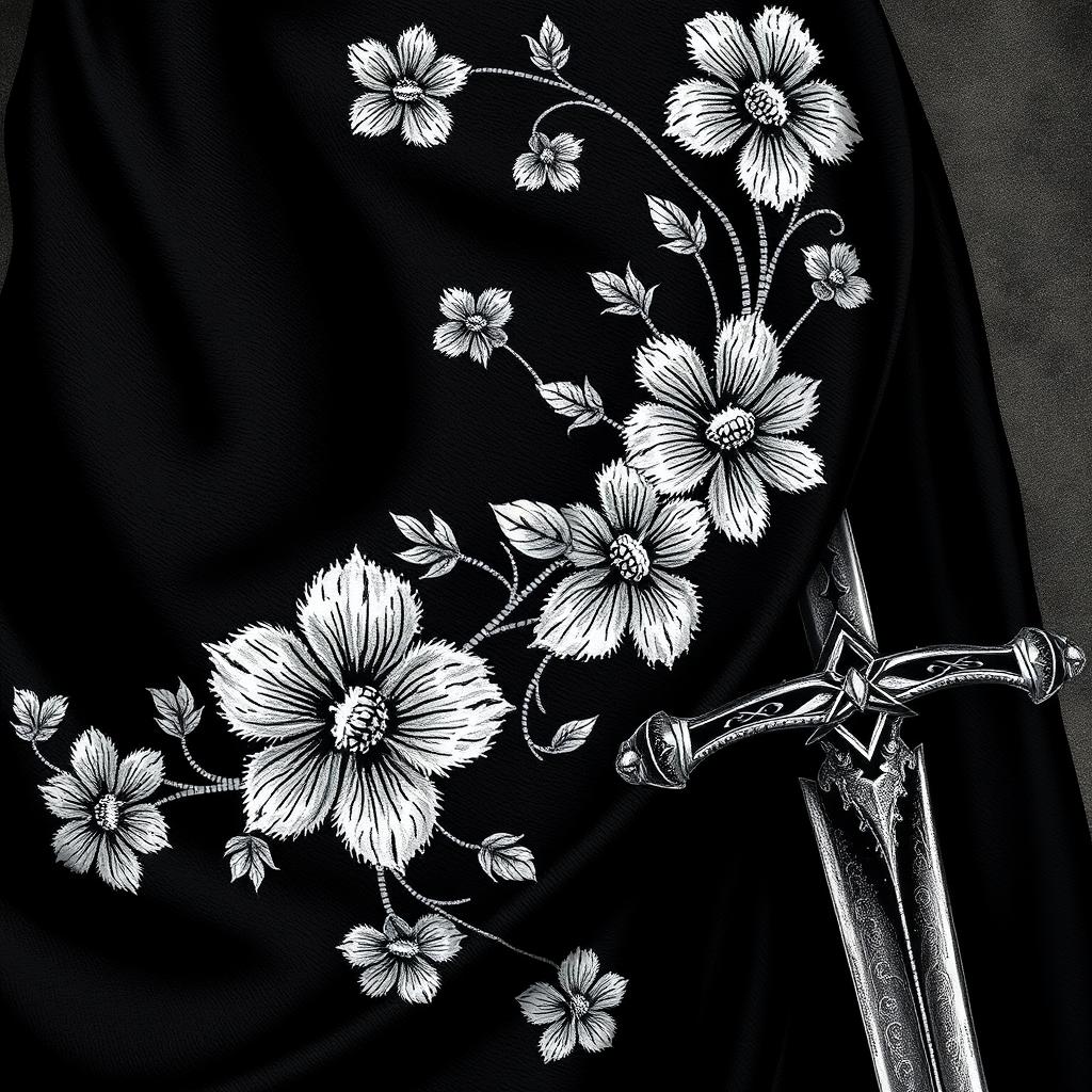 A close-up view of the folds of a small section of a black cloak, showcasing the intricate white flower embroidery that is done in a rough, artistic style