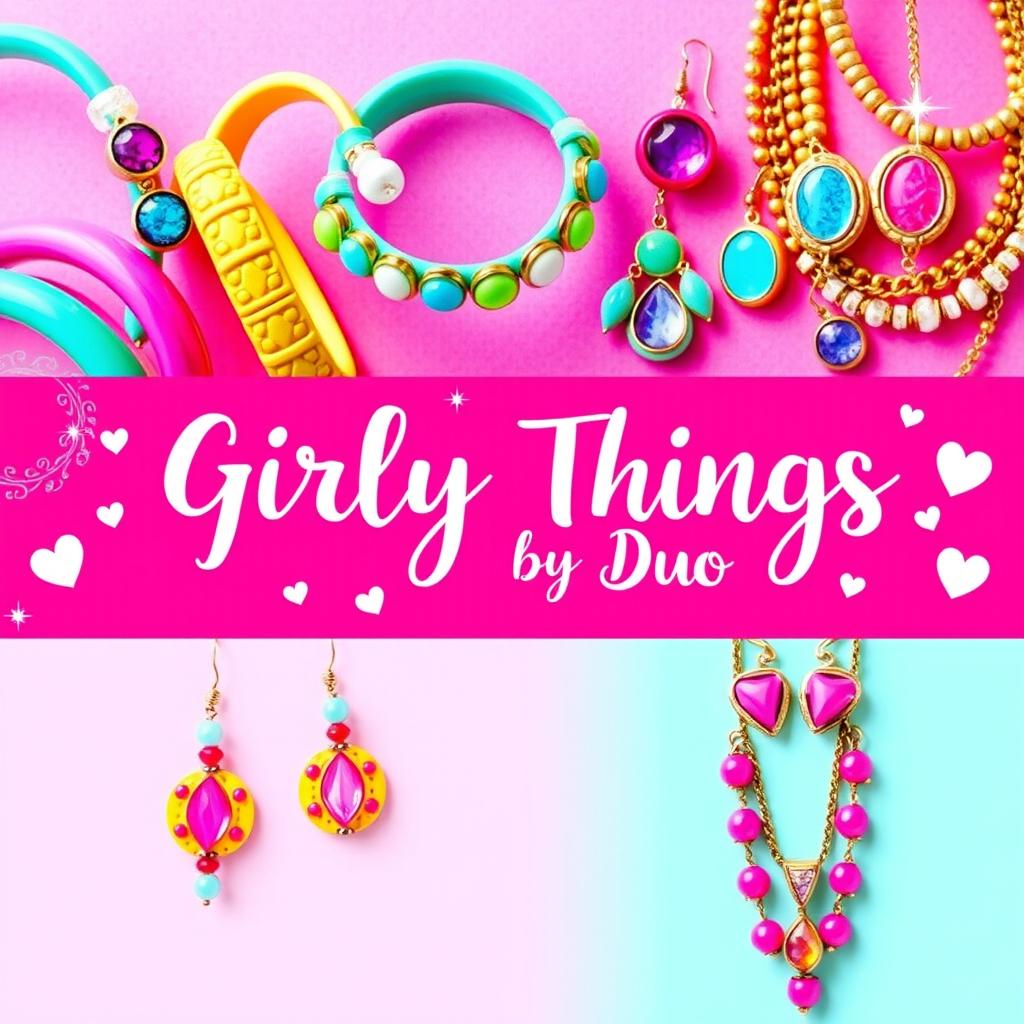 A vibrant and playful Facebook cover image for a jewelry page named 'Girly Things by Duo'