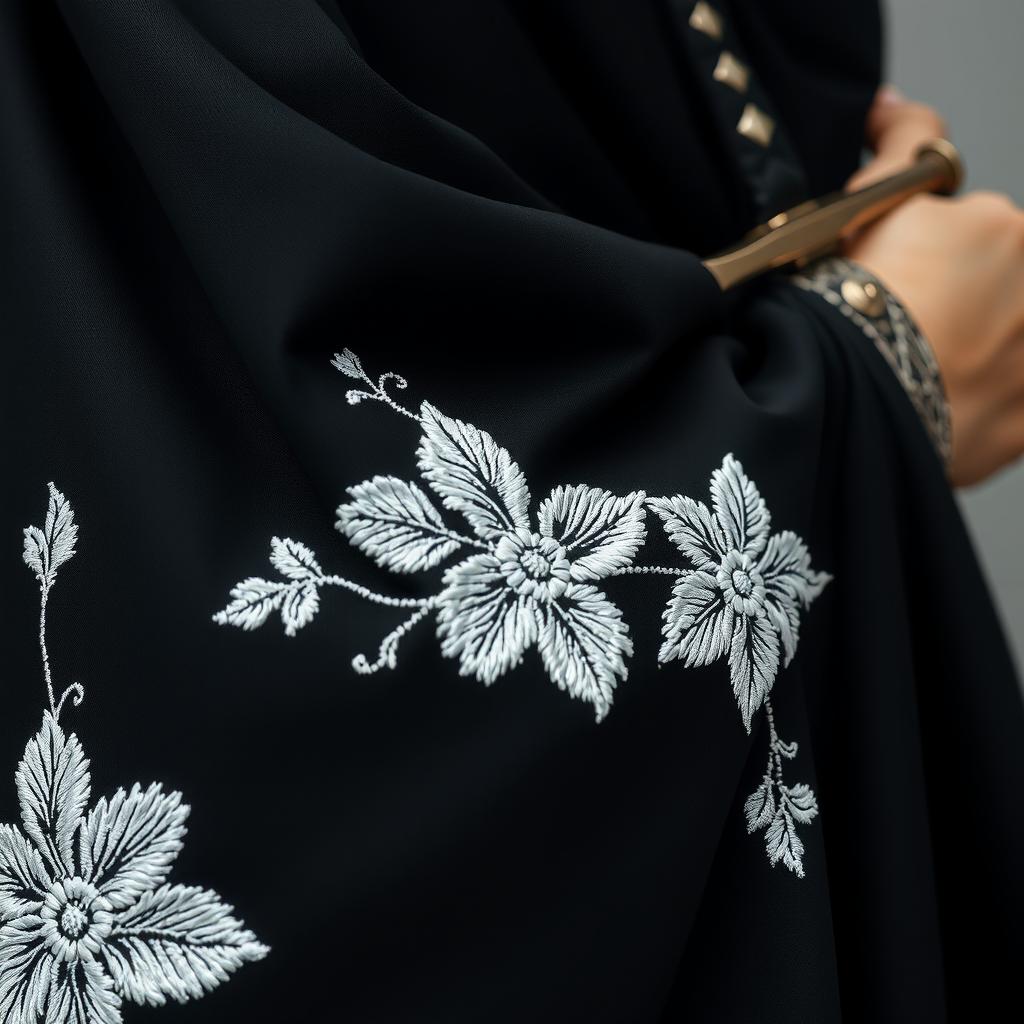 A close-up view of the folds of a small section of a black cloak, showcasing the intricate white flower embroidery done in a rough, artistic style