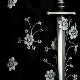 A close-up view of the folds of a small section of a black cloak, showcasing the intricate white flower embroidery done in a rough, artistic style