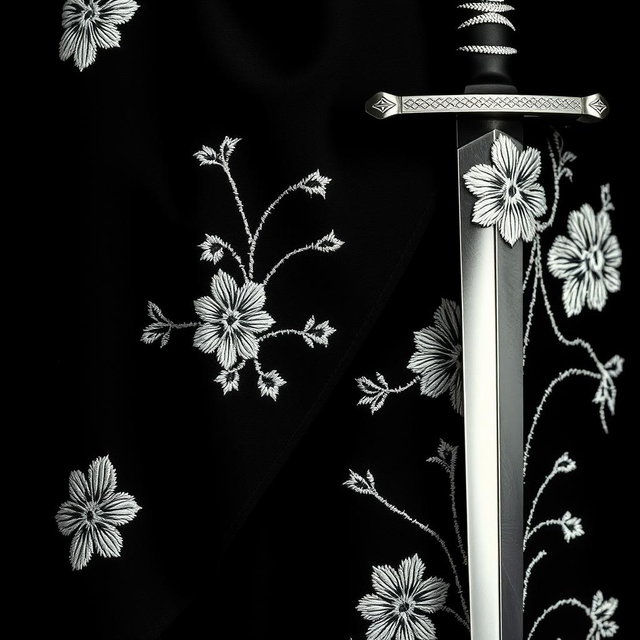 A close-up view of the folds of a small section of a black cloak, showcasing the intricate white flower embroidery done in a rough, artistic style