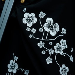 A close-up view of the folds of a small section of a black cloak, showcasing the intricate white flower embroidery done in a rough, artistic style