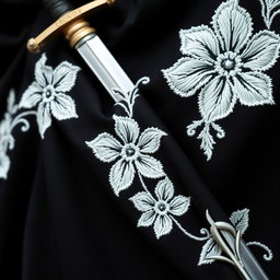 A close-up view of the folds of a small section of a black cloak, showcasing the intricate white flower embroidery done in a rough, artistic style