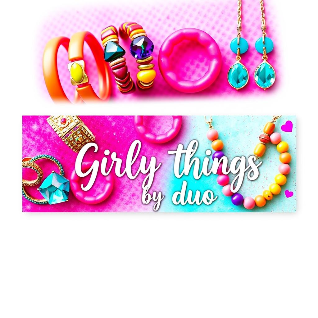 A playful and colorful Facebook cover image design for a jewelry page named 'Girly Things by Duo'✨