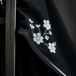 A close-up view of the folds of a small section of a black cloak, prominently displaying rough white flower embroidery