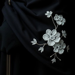 A close-up view of the folds of a small section of a black cloak, prominently displaying rough white flower embroidery