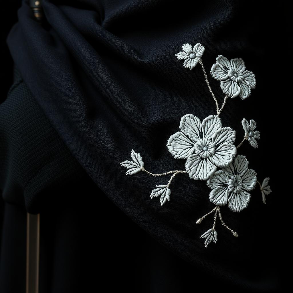 A close-up view of the folds of a small section of a black cloak, prominently displaying rough white flower embroidery
