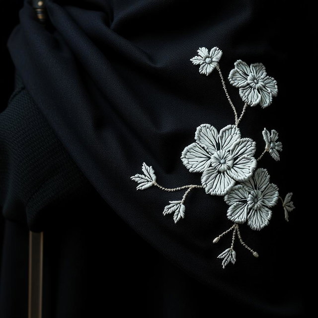 A close-up view of the folds of a small section of a black cloak, prominently displaying rough white flower embroidery
