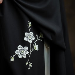 A close-up view of the folds of a small section of a black cloak, prominently displaying rough white flower embroidery