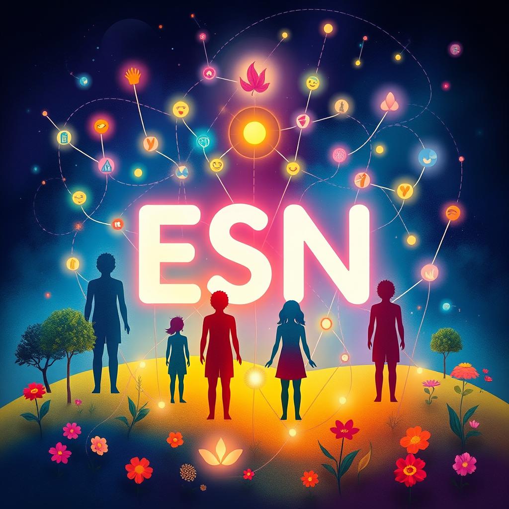 An abstract representation of ESN (Emotional Support Network) featuring interconnected human figures symbolizing support and connection, vibrant colors illustrating emotions, with soft glowing lines connecting them, creating a visually uplifting scene of community and support, surrounded by nature elements like trees and flowers to symbolize growth and healing