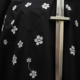 A close-up view of a small section of a black cloak, featuring rough white flower embroidery across the fabric
