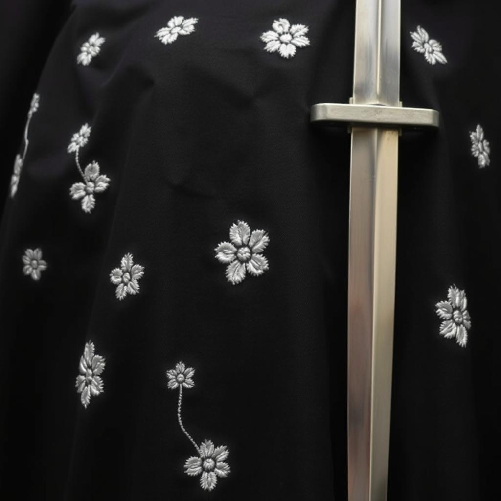 A close-up view of a small section of a black cloak, featuring rough white flower embroidery across the fabric