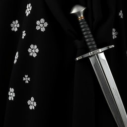 A close-up view of a small section of a black cloak, featuring rough white flower embroidery across the fabric