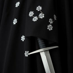 A close-up view of a small section of a black cloak, featuring rough white flower embroidery across the fabric