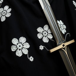 A close-up view of a small section of a black cloak, featuring rough white flower embroidery across the fabric