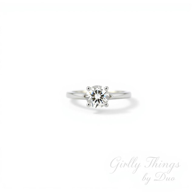 A stunning solitaire diamond ring placed against a clean white background, minimalist and chic design