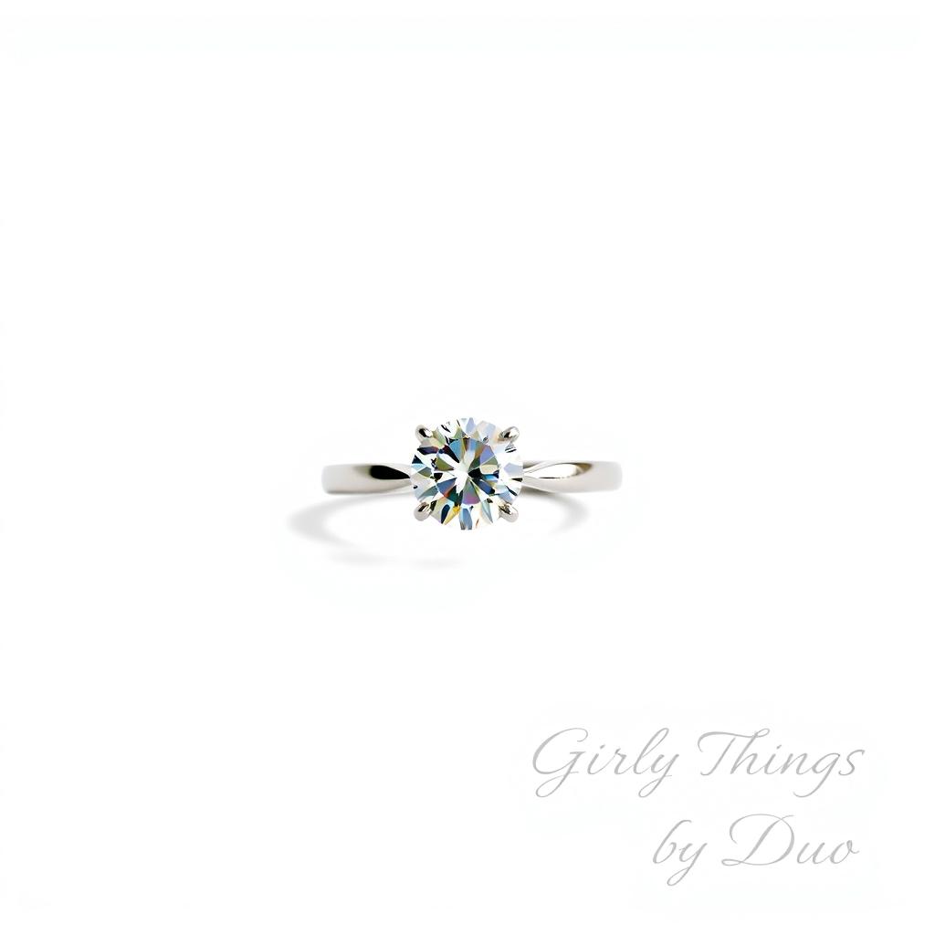 A stunning solitaire diamond ring placed against a clean white background, minimalist and chic design