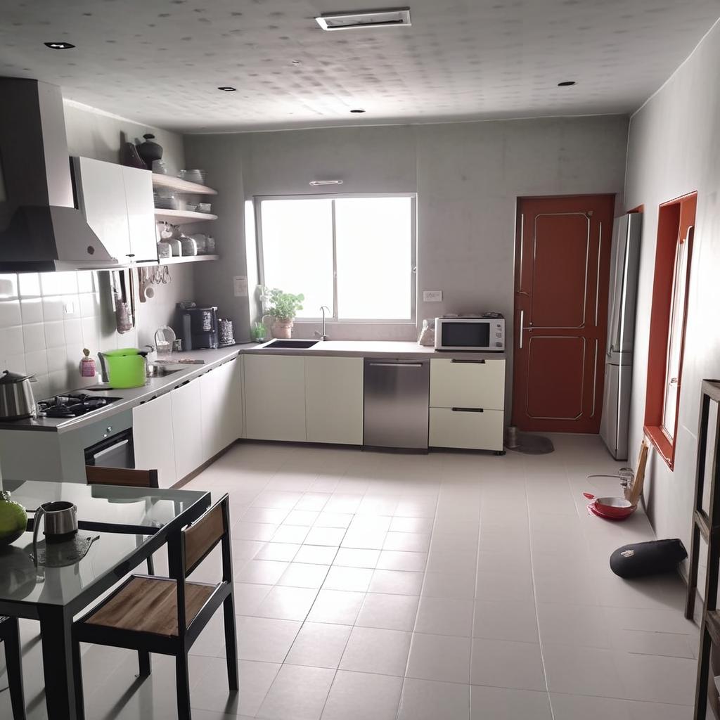 diseña la cocina y la sala, minimalista con anaqueles adecuados