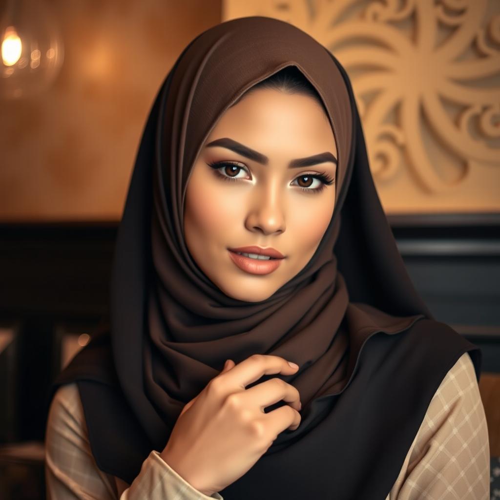 A sensual and tasteful depiction of an attractive woman wearing a stylish, form-fitting hijab that elegantly accentuates her features