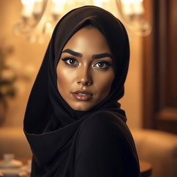 A sensual and tasteful depiction of an attractive woman wearing a stylish, form-fitting hijab that elegantly accentuates her features